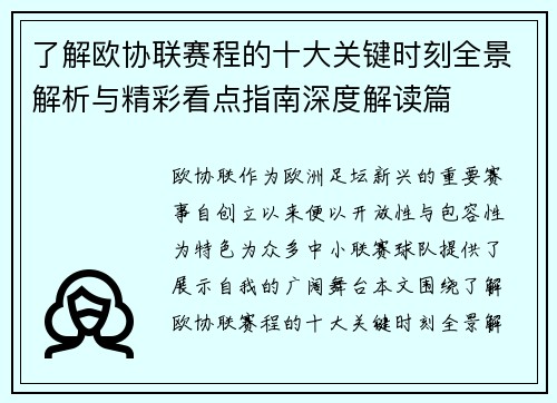 了解欧协联赛程的十大关键时刻全景解析与精彩看点指南深度解读篇